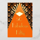 50TH Birthday Art Deco Orange Black Gold  Folie Uitnodiging (Voorkant)