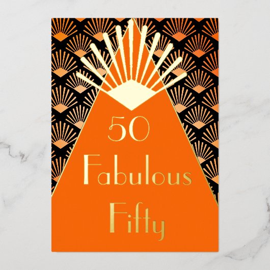 50TH Birthday Art Deco Orange Black Gold  Folie Uitnodiging (Voorkant)