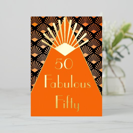50TH Birthday Art Deco Orange Black Gold  Folie Uitnodiging (Staand Voorkant)