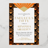 50TH Birthday Art Deco Orange Black Gold  Folie Uitnodiging (Achterkant)