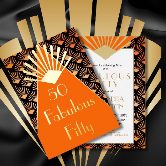50TH Birthday Art Deco Orange Black Gold  Folie Uitnodiging