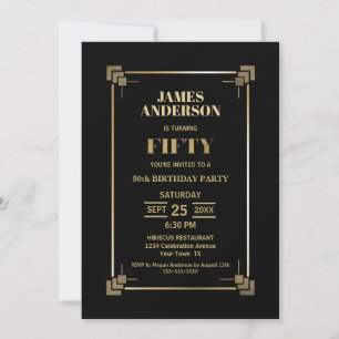 50th Birthday Black and Gold Party Invitation Kaart