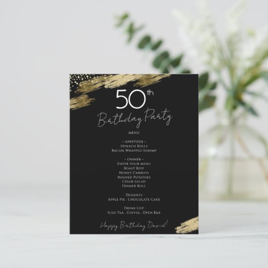 50th Birthday Black and Gold Party Menu Flyer (Staand voorkant)
