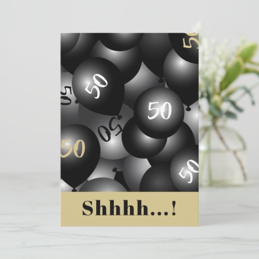 50th Birthday Black Ballonuitnodiging Kaart (Staand voorkant)
