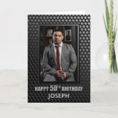 50th Birthday Black Geometric Pattern Custom Photo Kaart (Voorkant)