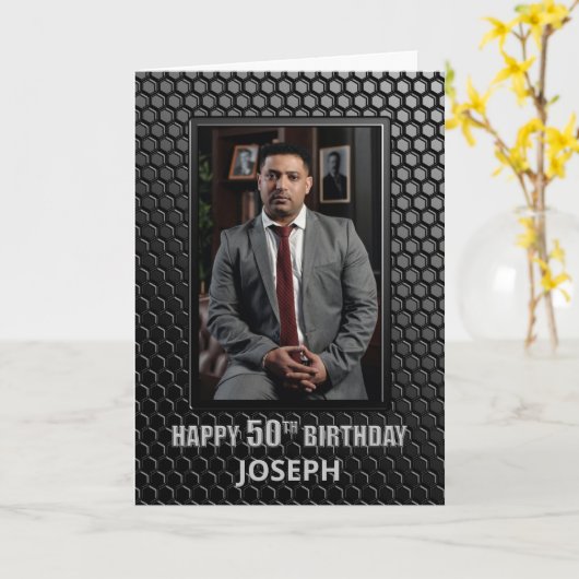 50th Birthday Black Geometric Pattern Custom Photo Kaart (Gele Bloem)