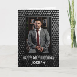 50th Birthday Black Geometric Pattern Custom Photo Kaart