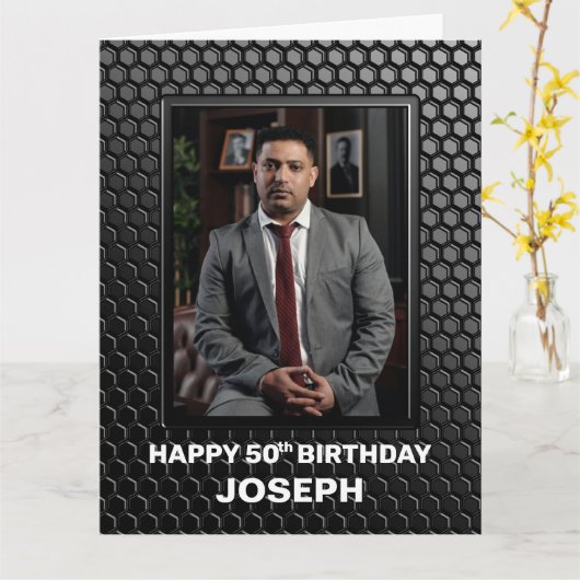 50th Birthday Black Geometric Pattern Custom Photo Kaart (Gele Bloem)