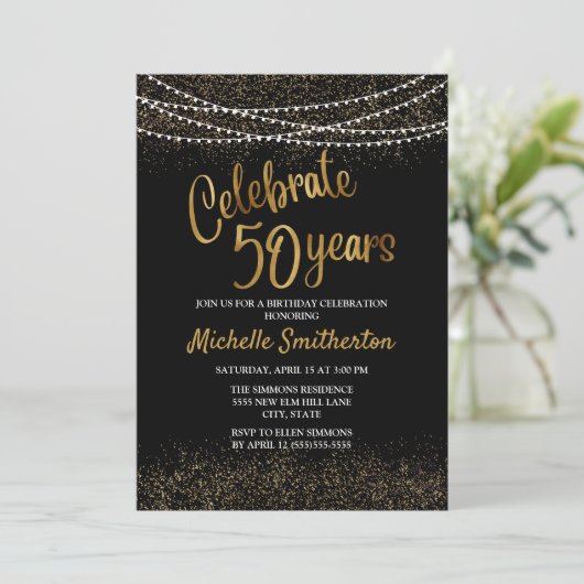 50th Birthday Black Gold Glitter String Lights Kaart (Staand voorkant)