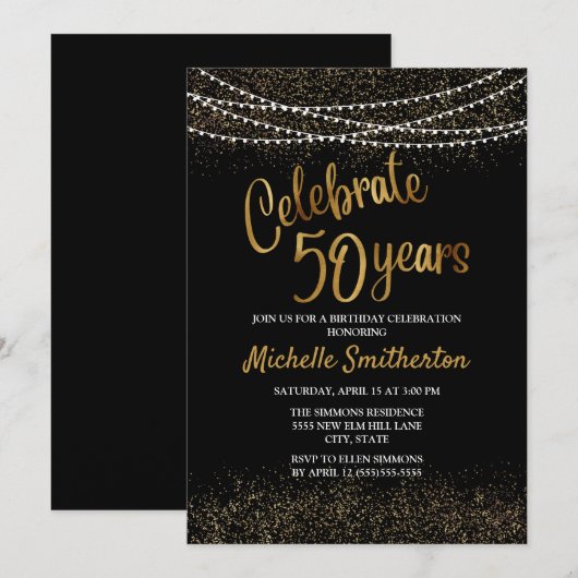 50th Birthday Black Gold Glitter String Lights Kaart (Voorkant / Achterkant)