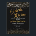 50th Birthday Black Gold Glitter String Lights Kaart<br><div class="desc">Zwart met goudletters,  jumelende snaarlichten en mousserende glitter 50ste verjaardag uitnodiging voor vrouwen.</div>