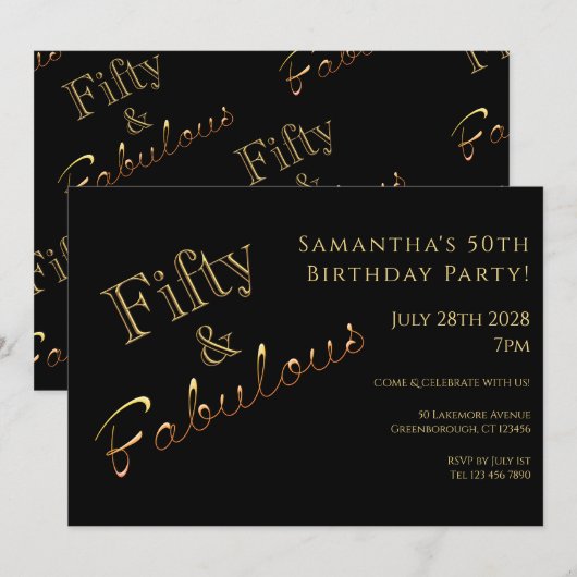 50th Birthday Black Gold Party Invitation Kaart (Voorkant / Achterkant)