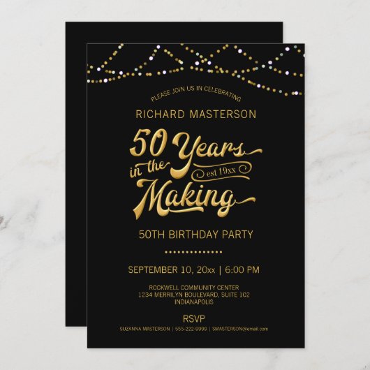 50th Birthday Black Gold String Lights Kaart (Voorkant / Achterkant)