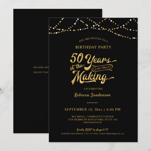 50th Birthday Black Gold String Lights Kaart (Voorkant / Achterkant)
