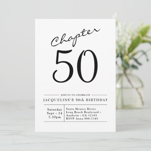 50th Birthday Black White Chapter 50 Uitnodiging (Staand voorkant)