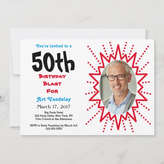 50th Birthday Blast Red en Blue Typografie Kaart (Voorkant)
