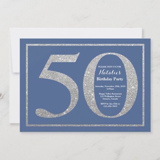 50th Birthday Blue en Silver Glitter Kaart (Voorkant)