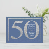 50th Birthday Blue en Silver Glitter Kaart (Staand voorkant)