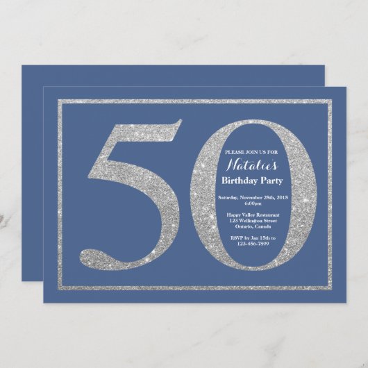 50th Birthday Blue en Silver Glitter Kaart (Voorkant / Achterkant)