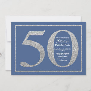50th Birthday Blue en Silver Glitter Kaart