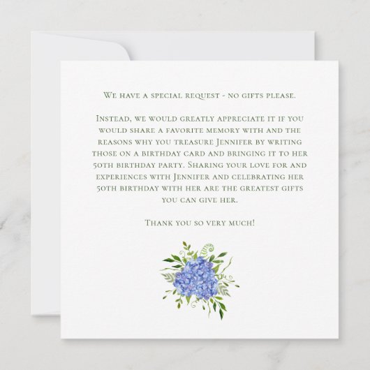 50th Birthday Blue Hydrangeas Card Request  Kaart (Achterkant)