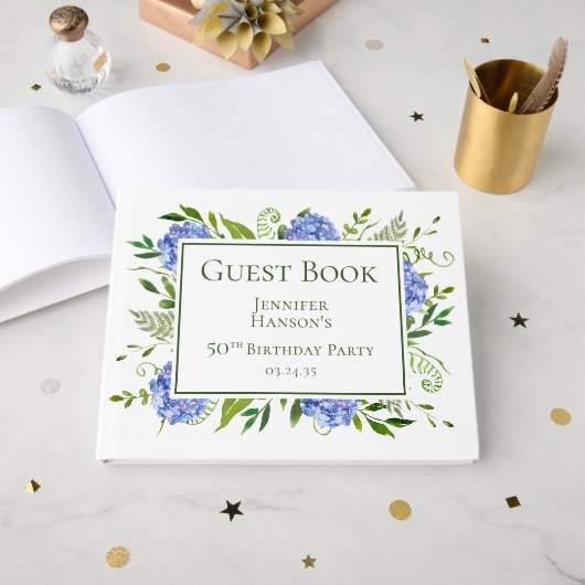 50th Birthday Blue Hydrangeas Gastenboek (Voorkant open)