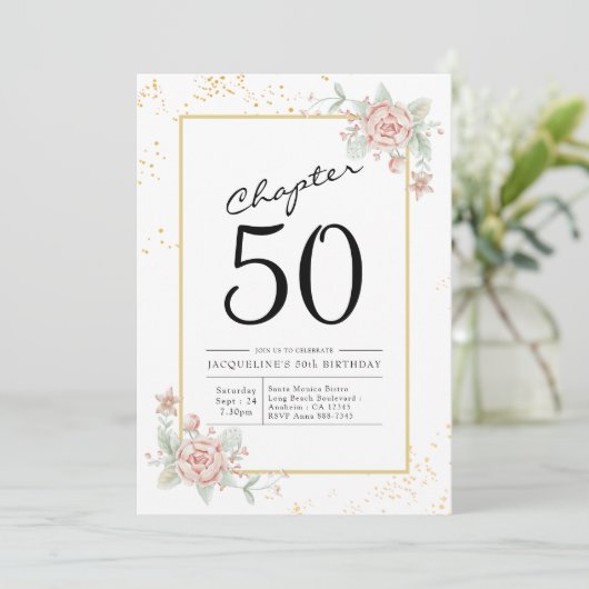 50th Birthday Blush Floral Invitation Kaart (Staand voorkant)