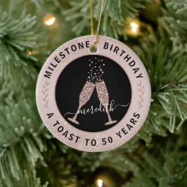  50th Birthday Blush Glitter Champagne Toast Name Keramisch Ornament