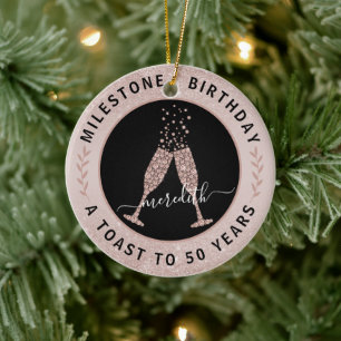 50th Birthday Blush Glitter Champagne Toast Name Keramisch Ornament