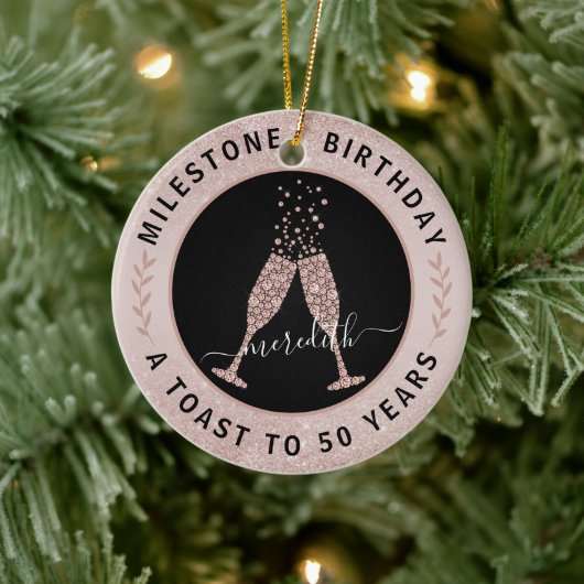  50th Birthday Blush Glitter Champagne Toast Name Keramisch Ornament (Boom)