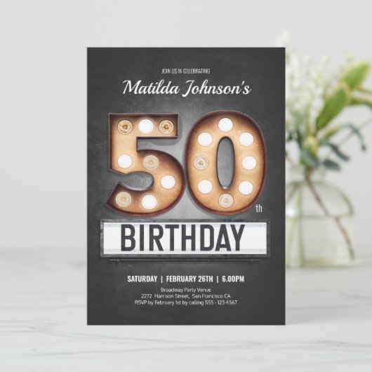 50th Birthday  Broadway Marquee Fun, aangepast Kaart (Staand voorkant)