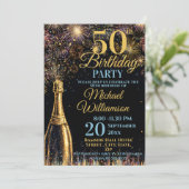 50th Birthday Bubbly Fireworks Gold Blue Kaart (Staand voorkant)