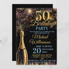50th Birthday Bubbly Fireworks Gold Blue Kaart