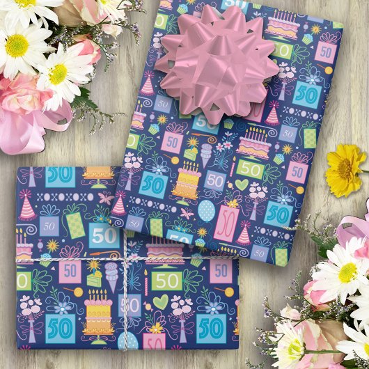 50th Birthday Cake Cadeaus Ballonnen Blauw Inpakpapier Vel