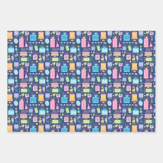 50th Birthday Cake Cadeaus Ballonnen Blauw Inpakpapier Vel (Voorkant 2)