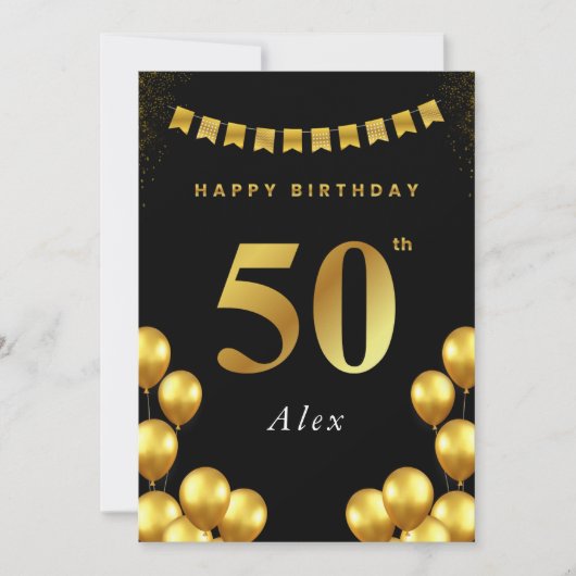 50th Birthday Card Black and Gold Balloons Kaart (Voorkant)