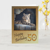 50th Birthday Card with a snow leopard Kaart (Gele Bloem)