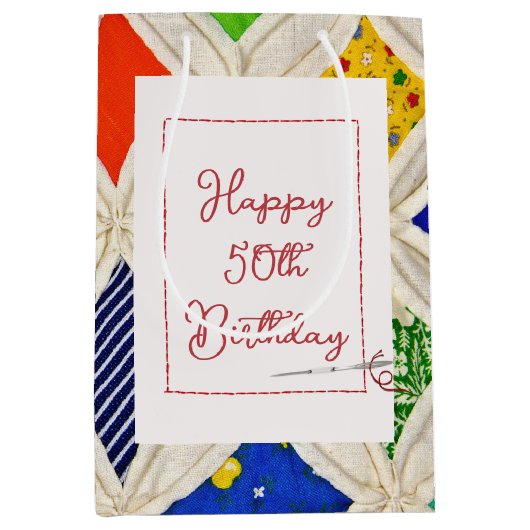 50th Birthday Cathedral Window Quilt Medium Cadeauzakje (Voorkant)