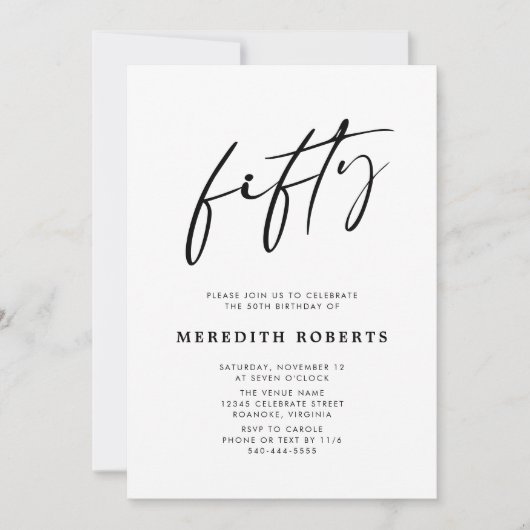50th Birthday Chic Modern Script Minimalist Party Kaart (Voorkant)