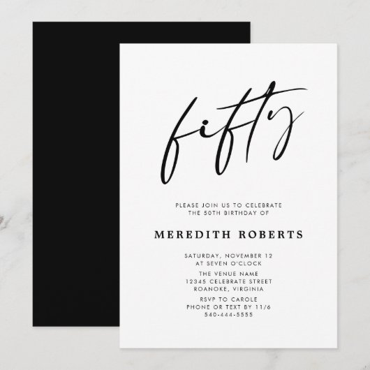 50th Birthday Chic Modern Script Minimalist Party Kaart (Voorkant / Achterkant)