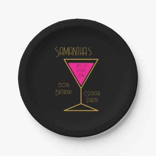 50th Birthday Cocktail Party Black Gold Papieren Bordje (Voorkant)