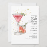 50th Birthday Cocktail Party Invitation Kaart<br><div class="desc">50e verjaardag cocktail party nodigt waterverf cocktails en gouden glitter uit.</div>