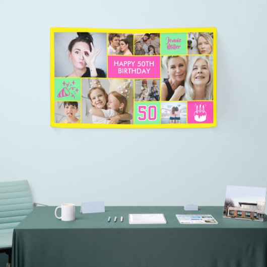 50th Birthday Custom Photo Collage Neon Yellow Spandoek (Beurs)