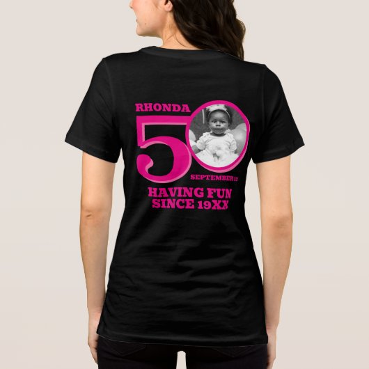 50th Birthday dubbelzijdige foto naam roze tekst Tri-Blend Shirt (Achterkant)