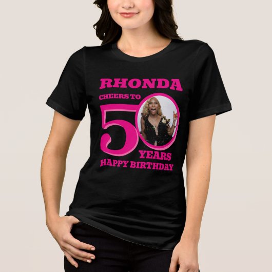 50th Birthday dubbelzijdige foto naam roze tekst Tri-Blend Shirt (Voorkant)