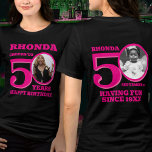50th Birthday dubbelzijdige foto naam roze tekst Tri-Blend Shirt<br><div class="desc">Happy 50th Birthday roze tekst, naam en twee foto's t-shirt. Leuke dubbelzijdige 50e gepersonaliseerde foto t-shirt in vet hot roze tekst ontwerp. Personaliseer dit shirt met een foto van het verjaardagsmeisje in het midden van het nummer 0 op zowel de voorkant als de achterkant. Geweldig idee voor het toevoegen van...</div>