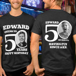 50th Birthday dubbelzijdige foto naam witte tekst<br><div class="desc">Happy 50th Birthday witte tekst, naam en twee foto's t-shirt. Leuke dubbelzijdige 50e gepersonaliseerde foto t-shirt in vet wit tekst ontwerp. Personaliseer dit shirt met een foto van de jarige in het midden van het nummer 0 op zowel de voorkant als de achterkant. Geweldig idee om wat plezier toe te...</div>