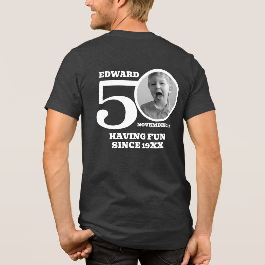 50th Birthday dubbelzijdige foto naam witte tekst Tri-Blend Shirt (Achterkant)