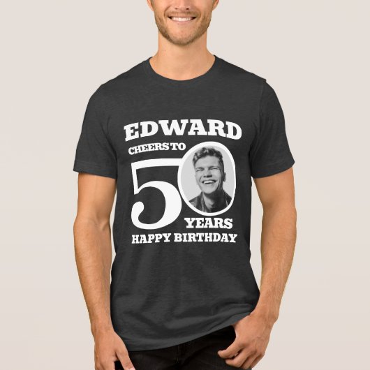 50th Birthday dubbelzijdige foto naam witte tekst Tri-Blend Shirt (Voorkant)