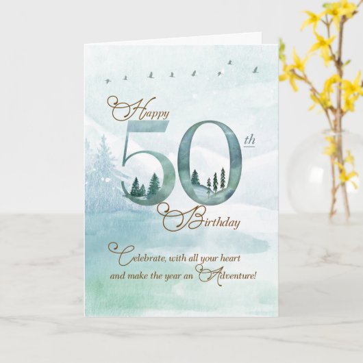 50th Birthday Evergreen Pines and Deer Nature Kaart (Gele Bloem)